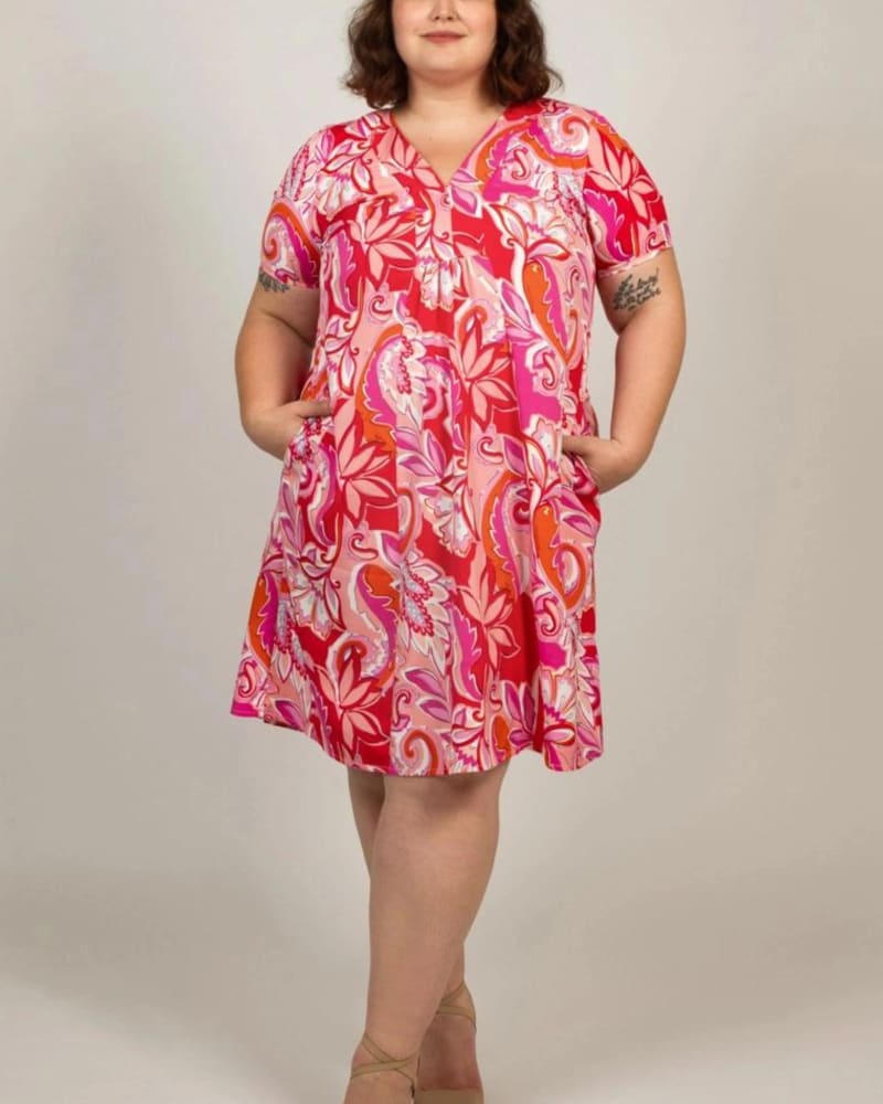 Front of a model wearing a size XL Candy Dress A-line V-Neck Floral Print Pink in Pink by ANNICK. | dia_product_style_image_id:309389
